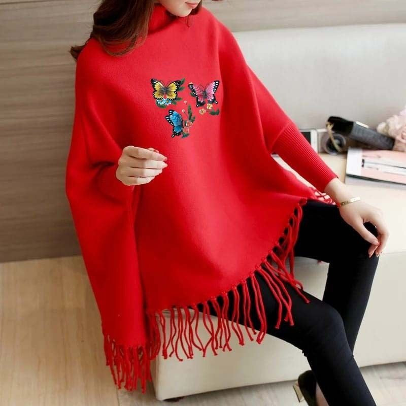 3 BUTTERFLY PRINTED PONCHO - RED PLAIN PONCHO Bloomstyle