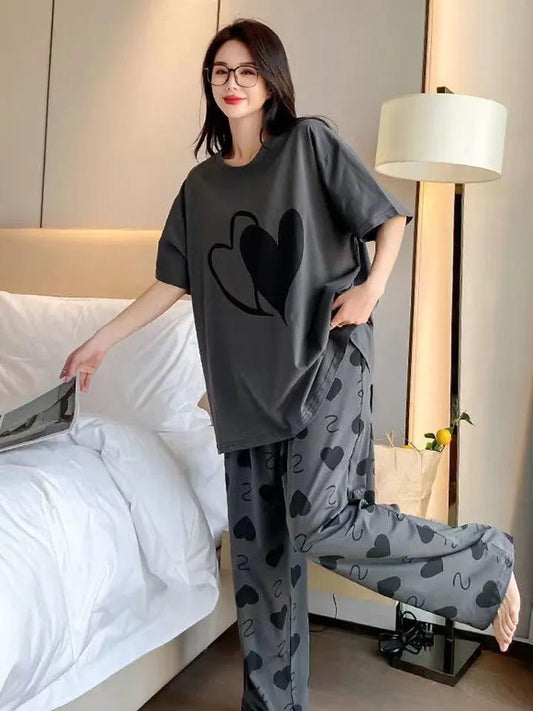 SR-DOUBLE HEARTS PRINTED NIGHT SUIT - GREY Soft Cotton Bloomstyle