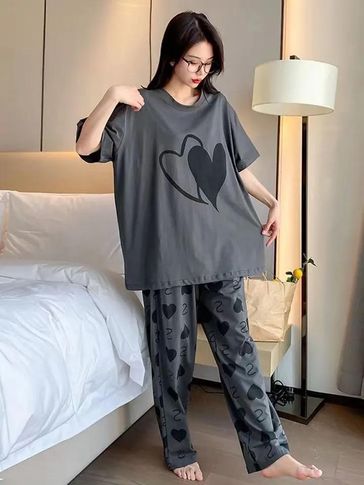 SR-DOUBLE HEARTS PRINTED NIGHT SUIT - GREY Soft Cotton Bloomstyle