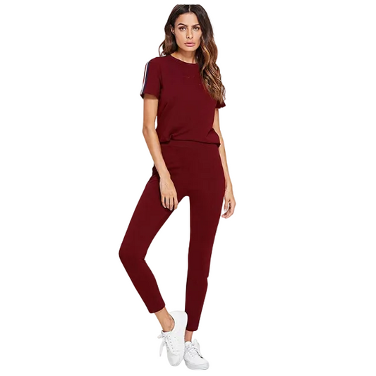 Red and White Striped Tracksuit Tape Tee & Leggings Pants Set for Women