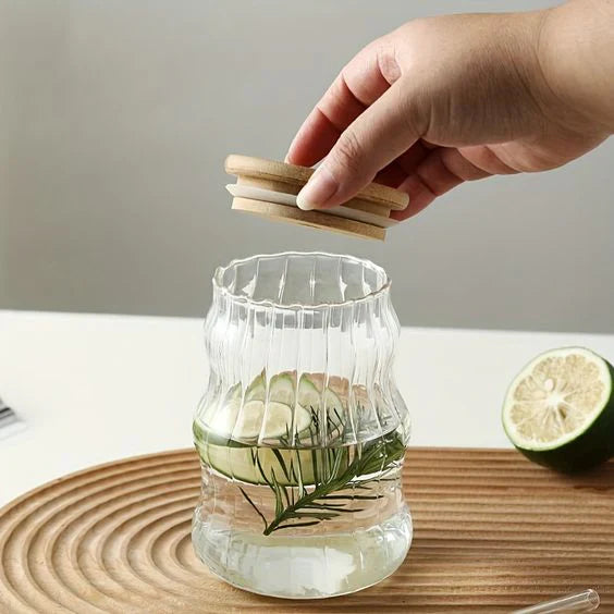GLASS CUP WITH WOODEN LID & STRAW