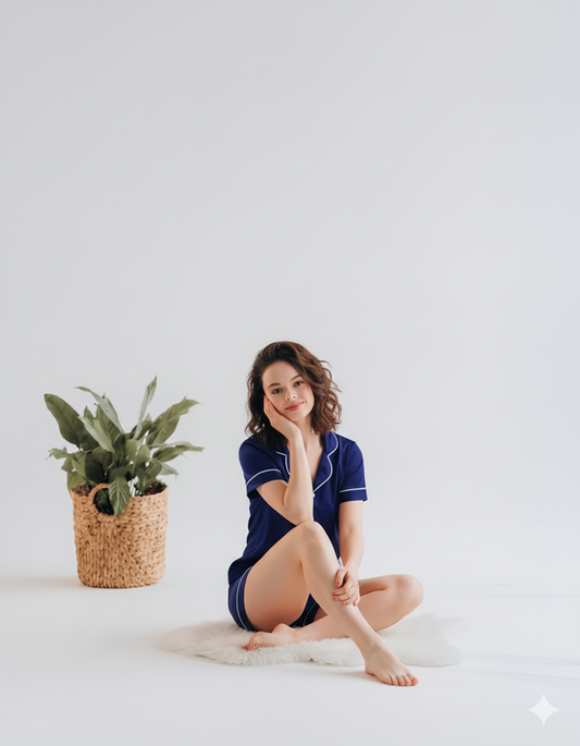 BUTTON DOWN SILK WITH SHORT - NAVYBLUE Silk Button Down with Short Bloomstyle