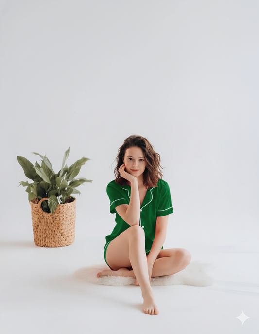 BUTTON DOWN SILK WITH SHORT - BOTTLE GREEN Silk Button Down with Short Bloomstyle