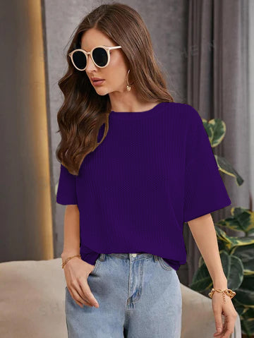 OVERSIZED WAFFLE KNITTED TEE - PURPLE Women T-Shirts Bloomstyle