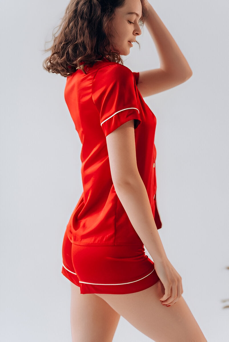 BUTTON DOWN SILK WITH SHORT - RED Silk Button Down with Short Bloomstyle