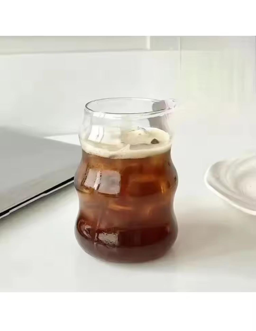 Wave Shape Glass Cup With wooden lid & straw