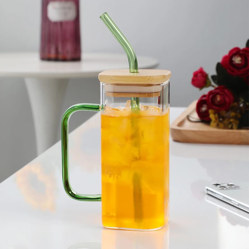 "Square Glass Cup With Bamboo Lid and Straw"