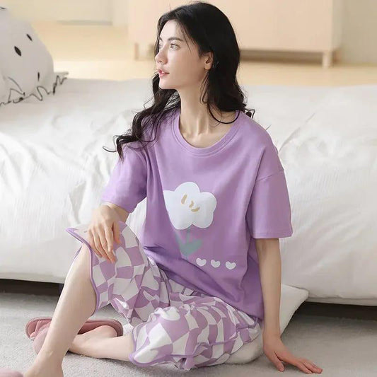 SR-FLOWER PRINTED NIGHT SUIT - LILAC Soft Cotton Bloomstyle