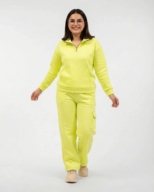 Women Quarter Zip Fleece Co-Ord Set – Lime Green
