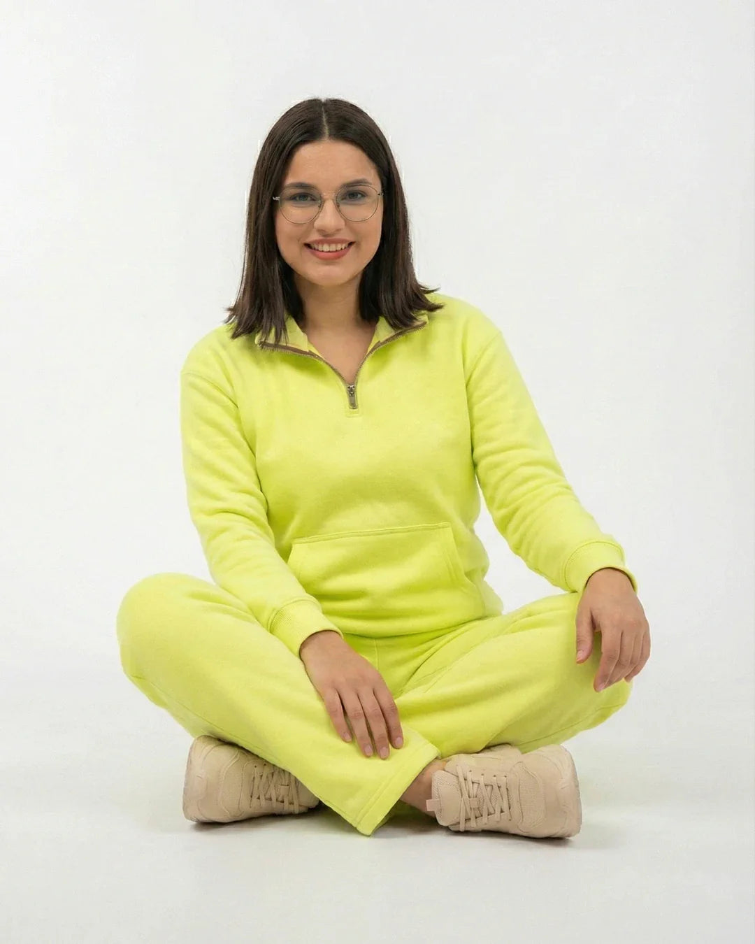 Women Quarter Zip Fleece Co-Ord Set – Lime Green