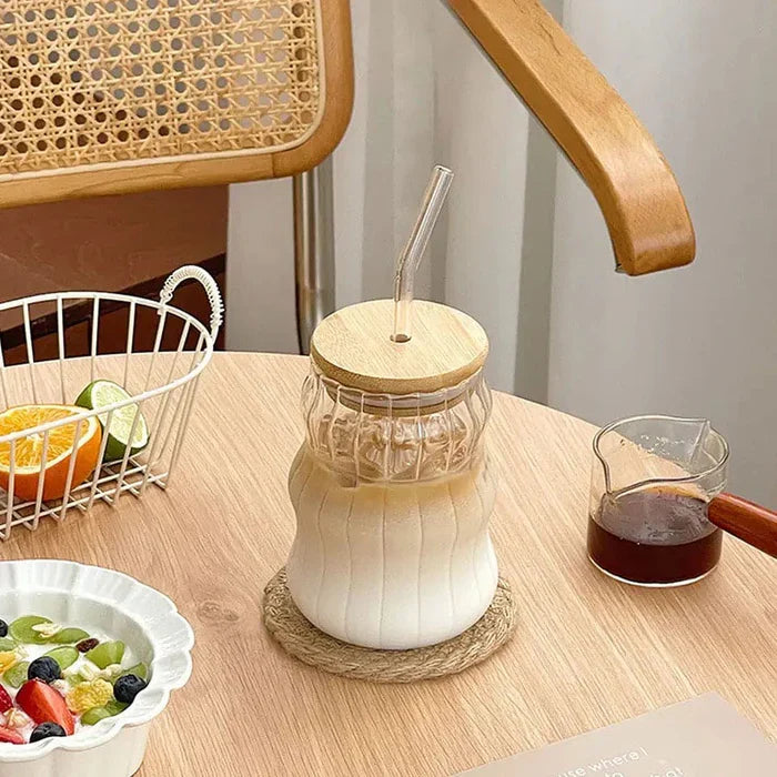 GLASS CUP WITH WOODEN LID & STRAW