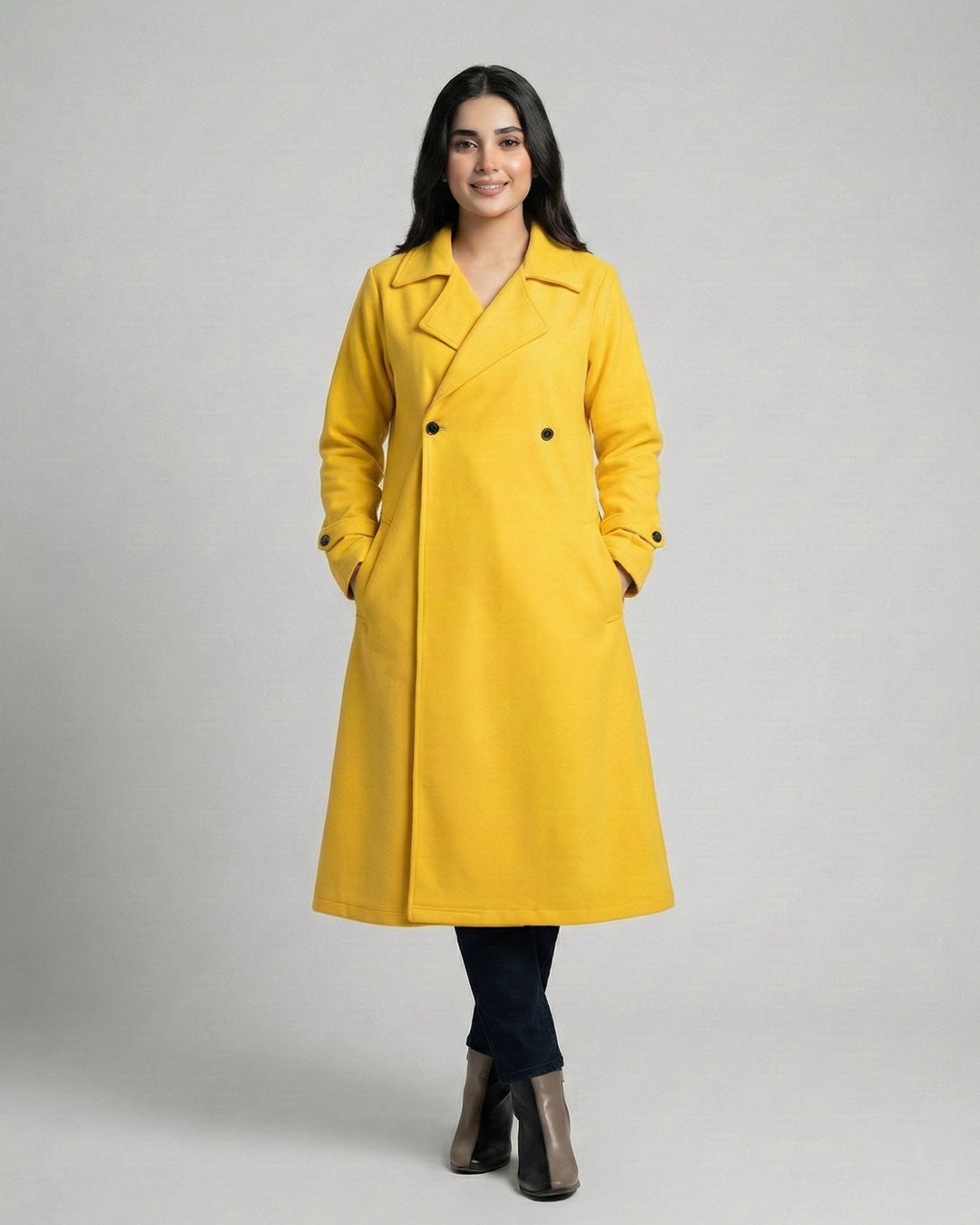 Women’s Mustard Yellow Long Fleece Winter Coat