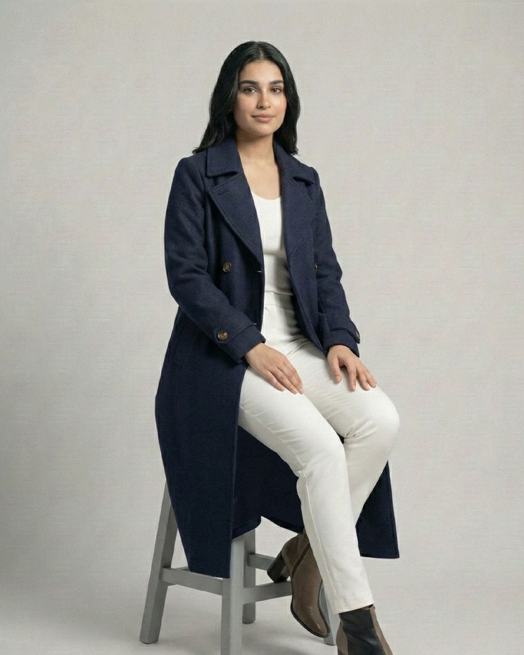 Women’s Navy Blue Long Fleece Winter Coat