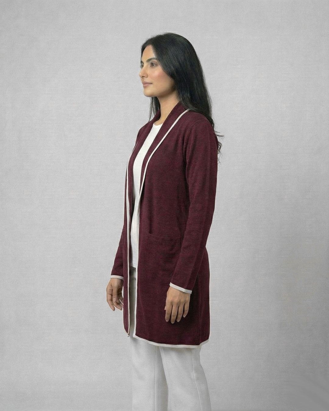 Maroon Front Open Long Coat Dual Pockets Jacket