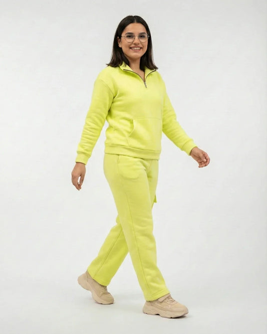 Women Quarter Zip Fleece Co-Ord Set – Lime Green