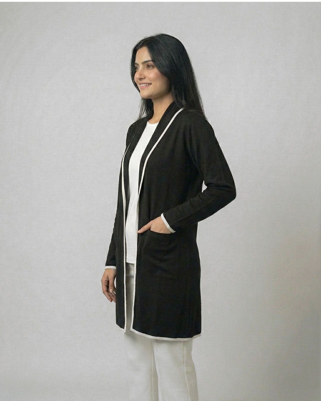 Black Front Open Long Coat Dual Pockets Jacket