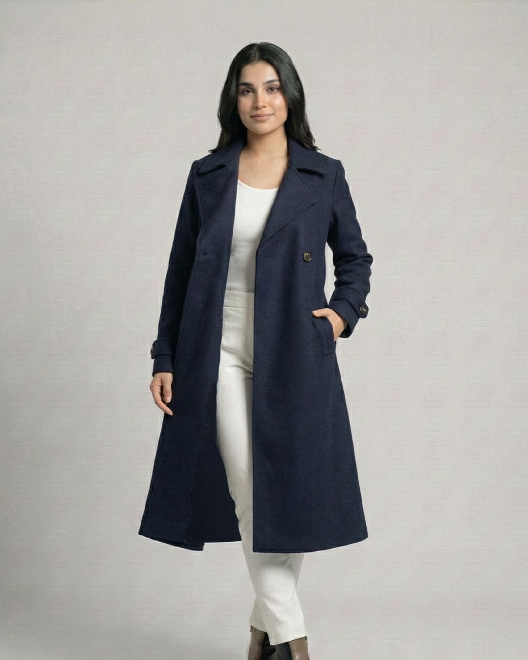 Women’s Navy Blue Long Fleece Winter Coat