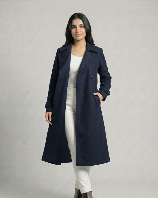 Women’s Navy Blue Long Fleece Winter Coat