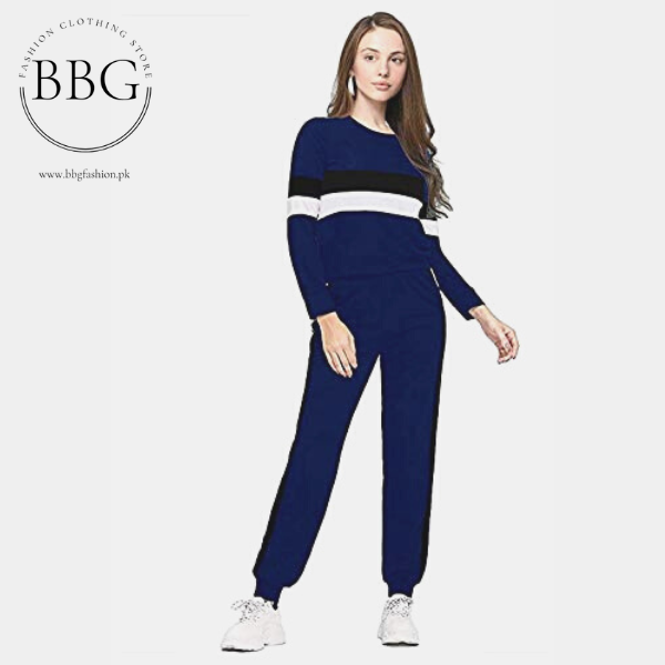 Dark Blue White Grey Stripe Tracksuit for Women
