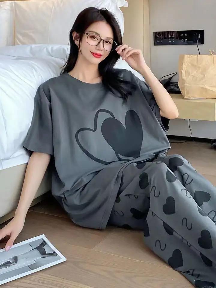 SR-DOUBLE HEARTS PRINTED NIGHT SUIT - GREY Soft Cotton Bloomstyle