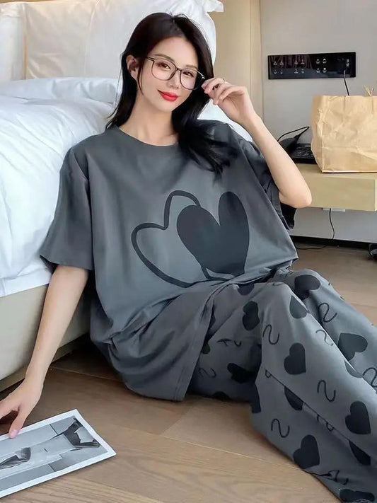 SR-DOUBLE HEARTS PRINTED NIGHT SUIT - GREY Soft Cotton Bloomstyle