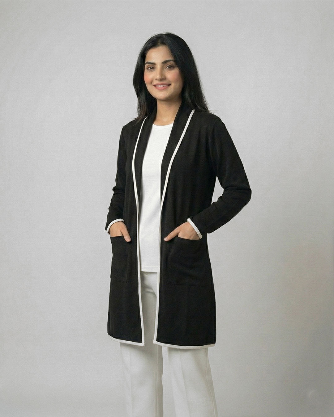 Black Front Open Long Coat Dual Pockets Jacket