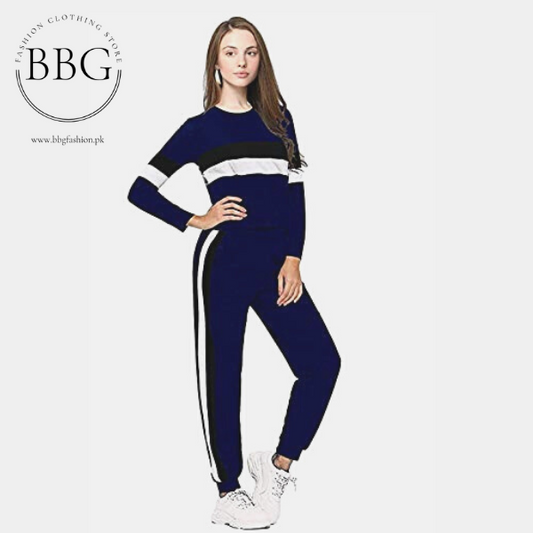 Dark Blue White Grey Stripe Tracksuit for Women