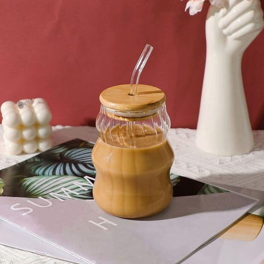 GLASS CUP WITH WOODEN LID & STRAW