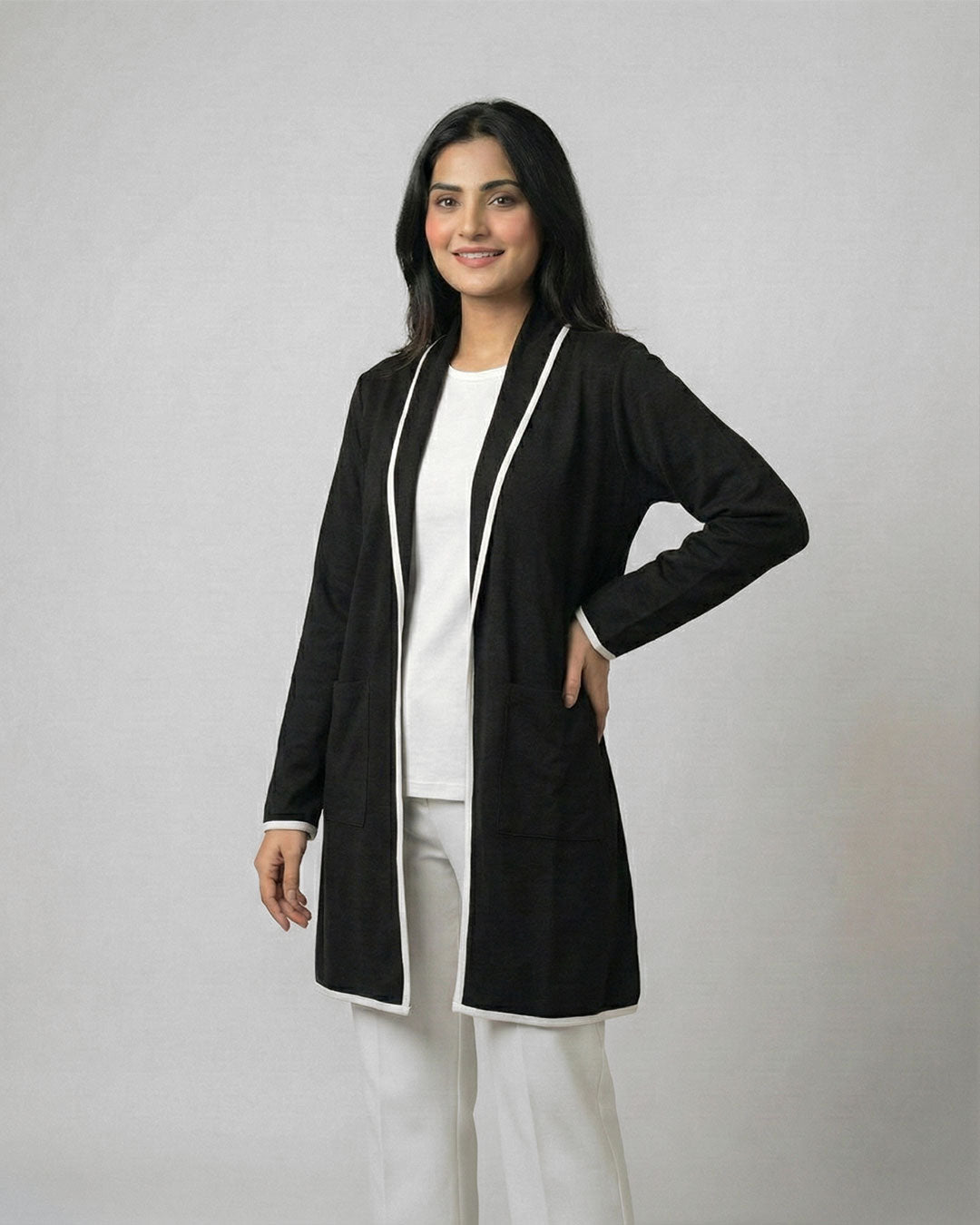 Black Front Open Long Coat Dual Pockets Jacket