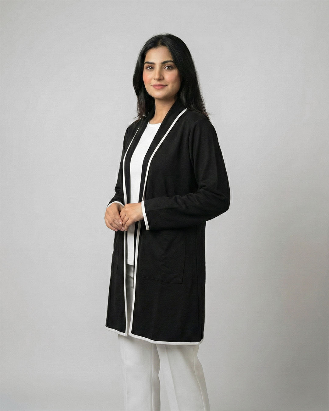 Black Front Open Long Coat Dual Pockets Jacket