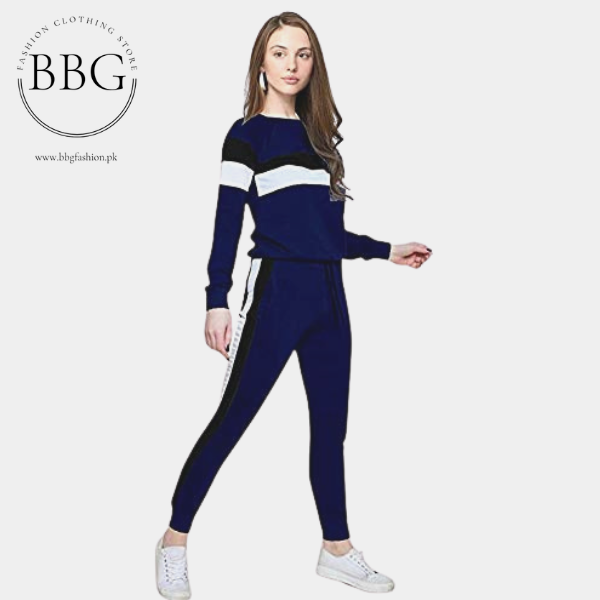 Dark Blue White Grey Stripe Tracksuit for Women