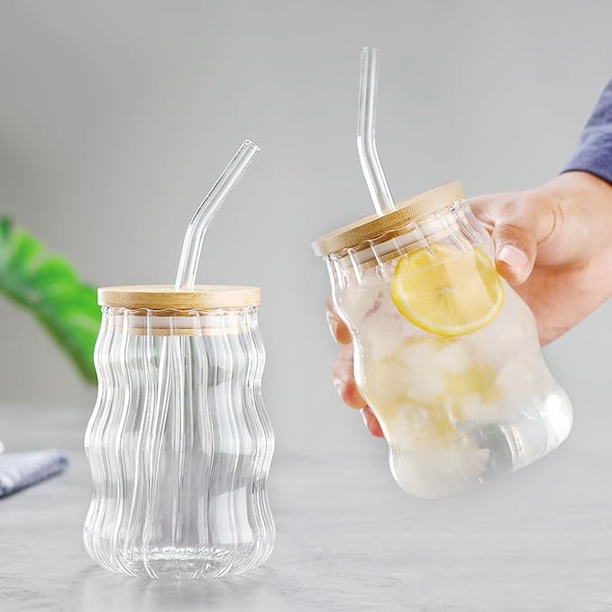 GLASS CUP WITH WOODEN LID & STRAW
