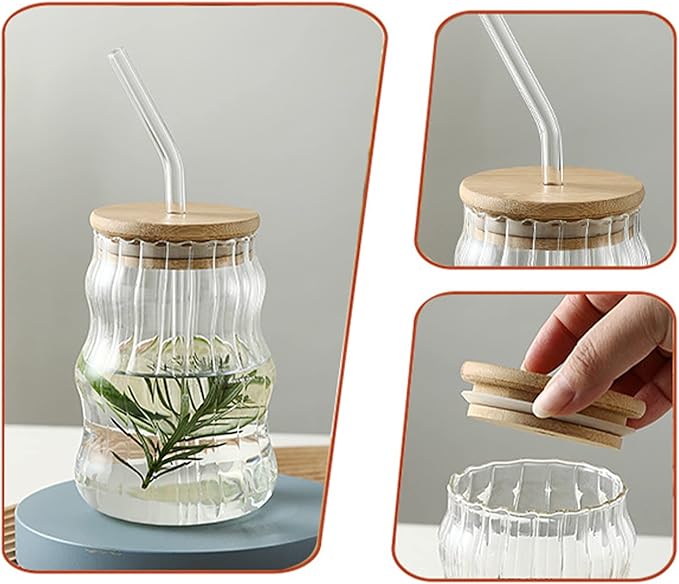 GLASS CUP WITH WOODEN LID & STRAW