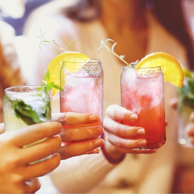 Can shaped glass cup with wooden lid & straw