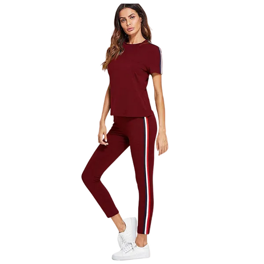 Red and White Striped Tracksuit Tape Tee & Leggings Pants Set for Women
