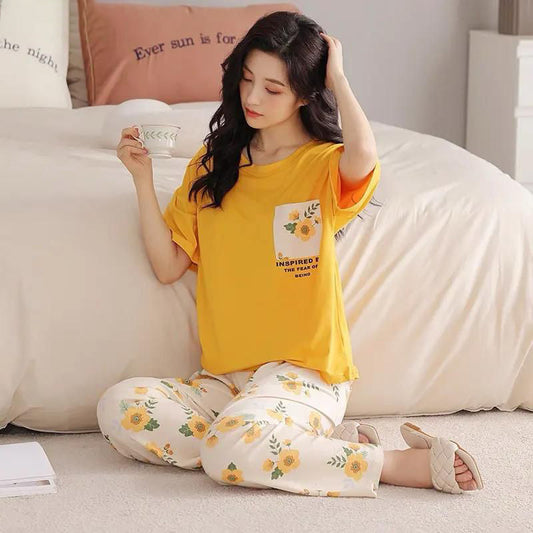 SR-POCKET PRINTED NIGHT SUIT - MUSTARD Soft Cotton Bloomstyle