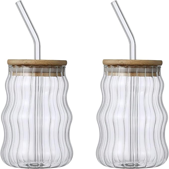 GLASS CUP WITH WOODEN LID & STRAW