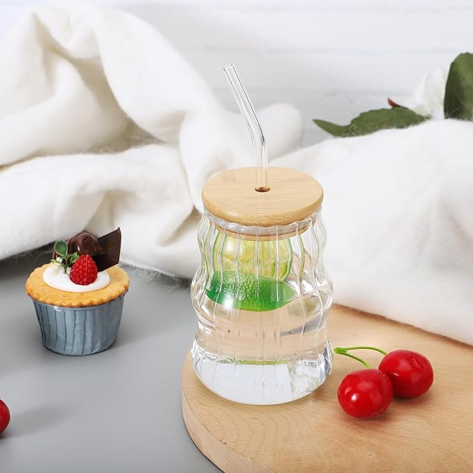 GLASS CUP WITH WOODEN LID & STRAW