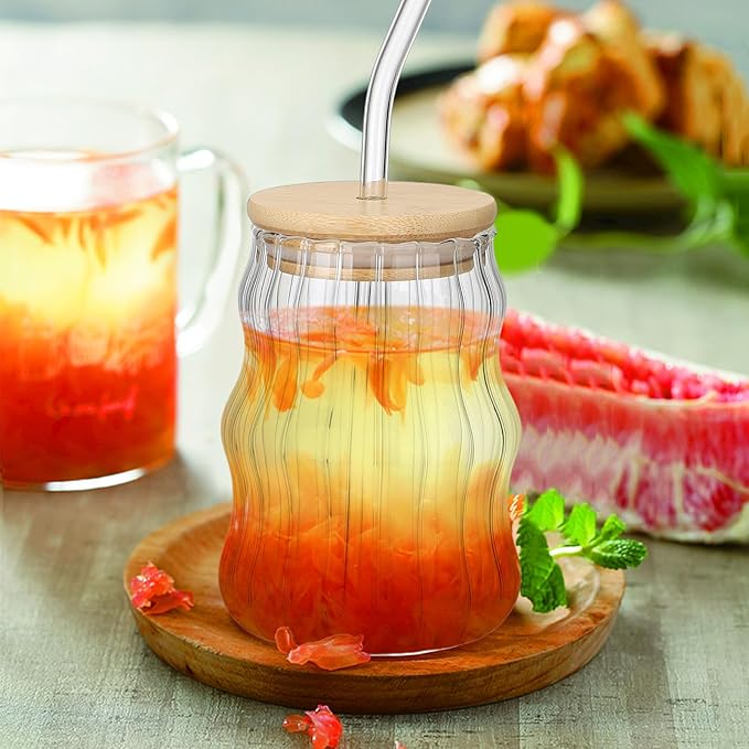 GLASS CUP WITH WOODEN LID & STRAW