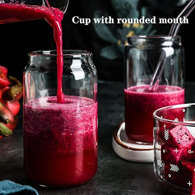 Can shaped glass cup with wooden lid & straw