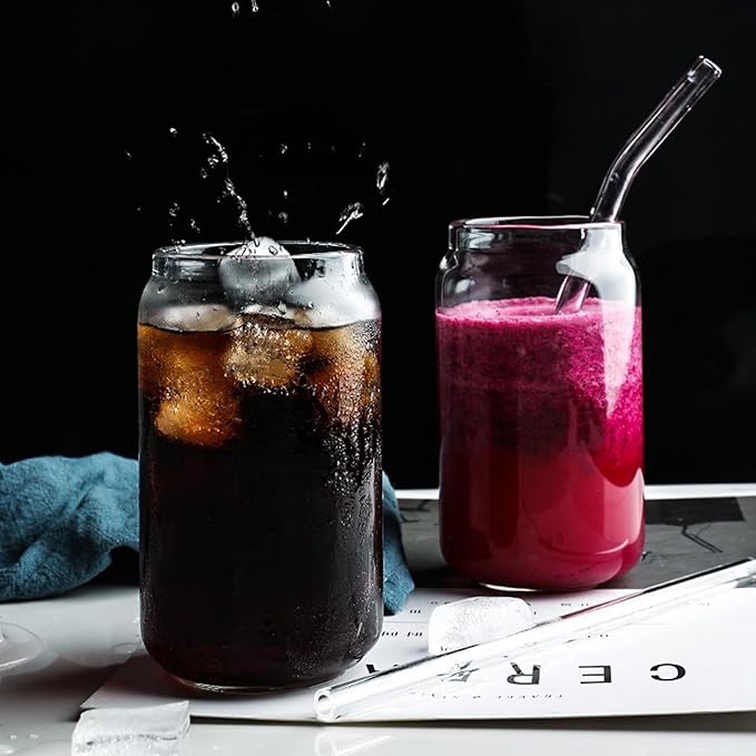 Can shaped glass cup with wooden lid & straw