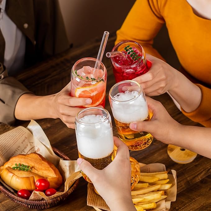 Can shaped glass cup with wooden lid & straw