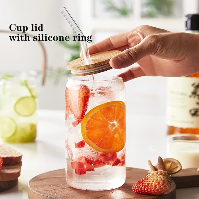 Can shaped glass cup with wooden lid & straw