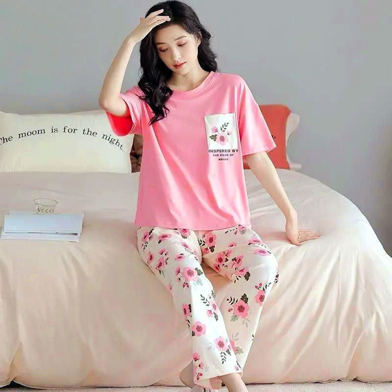 SR-POCKET PRINTED NIGHT SUIT - PINK Soft Cotton Bloomstyle