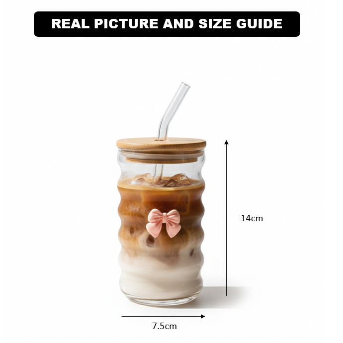 Wavy Glass Cup with Bamboo Lid & Straw
