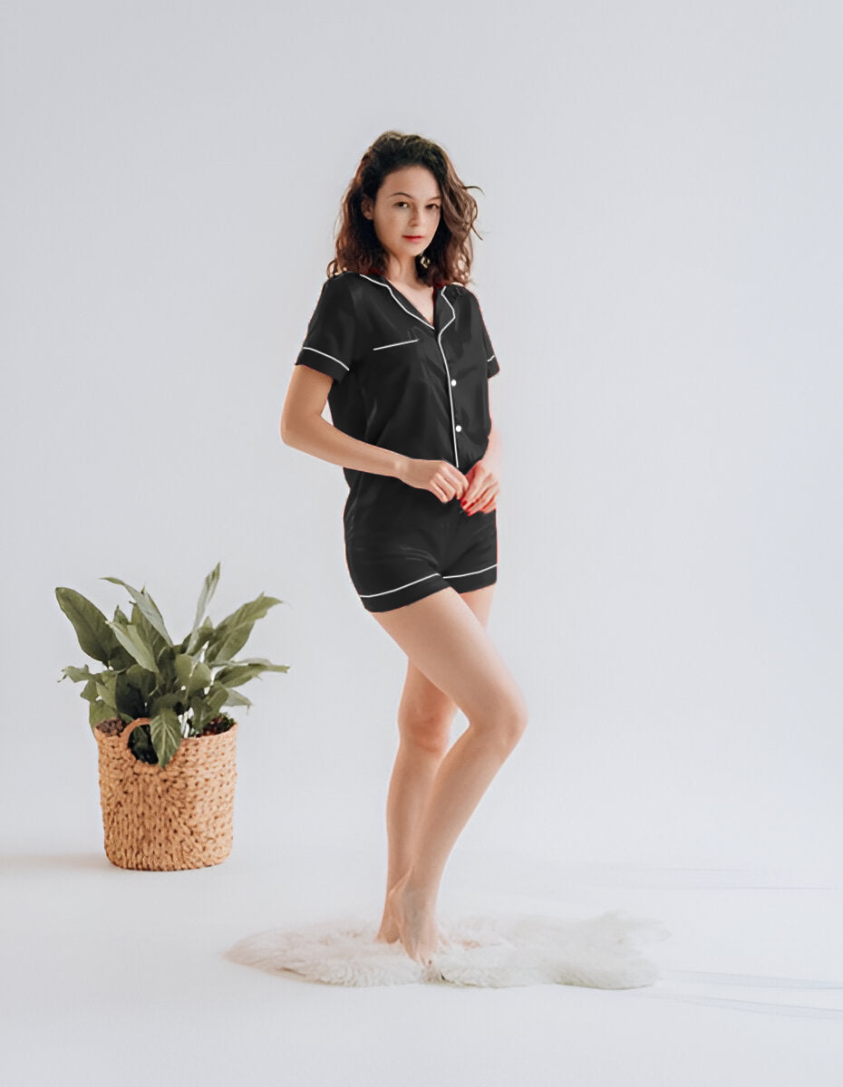 BUTTON DOWN SILK WITH SHORT - BLACK Silk Button Down with Short Bloomstyle