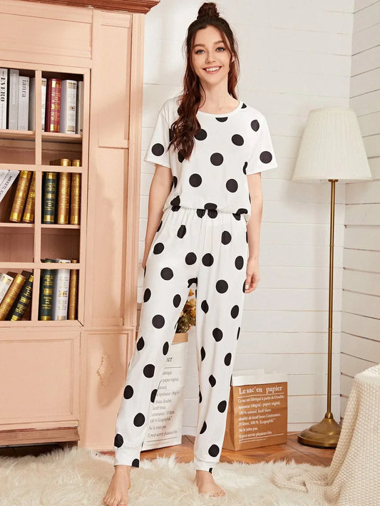 HN-BLACK AND WHITE DOTED HALF SLEEVES PRINTED NIGHT SUIT Soft Cotton Bloomstyle
