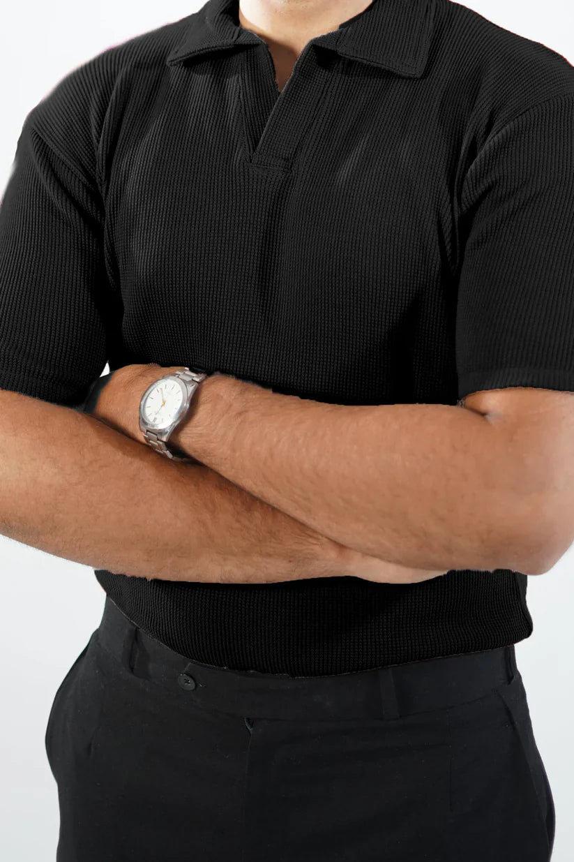 WAFFLE KNITTED POLO - BLACK MEN Bloomstyle
