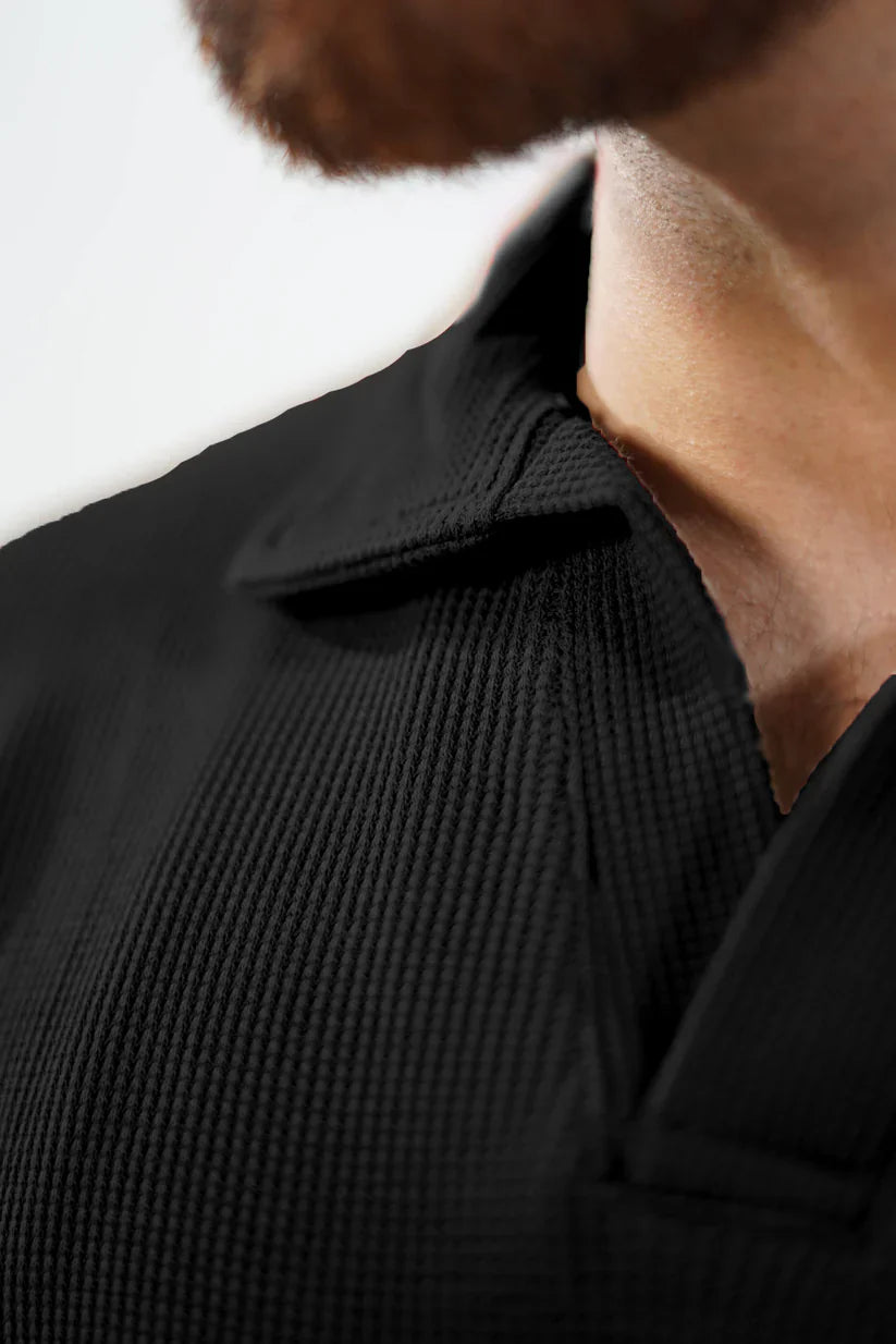 WAFFLE KNITTED POLO - BLACK MEN Bloomstyle
