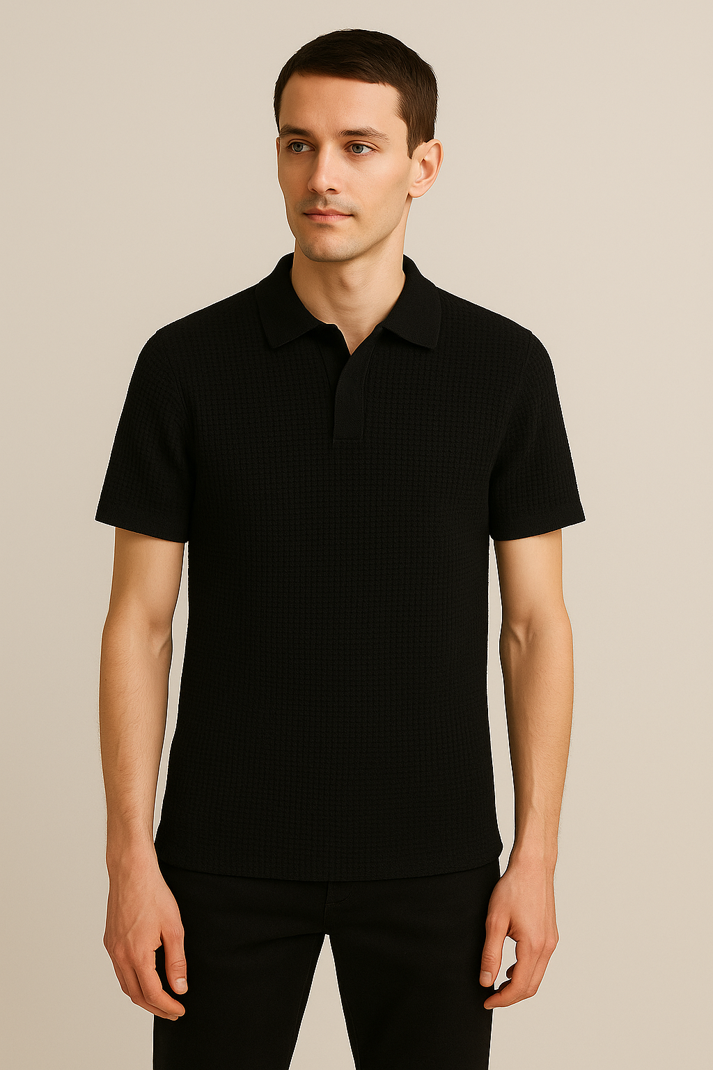 WAFFLE KNITTED POLO - BLACK MEN Bloomstyle